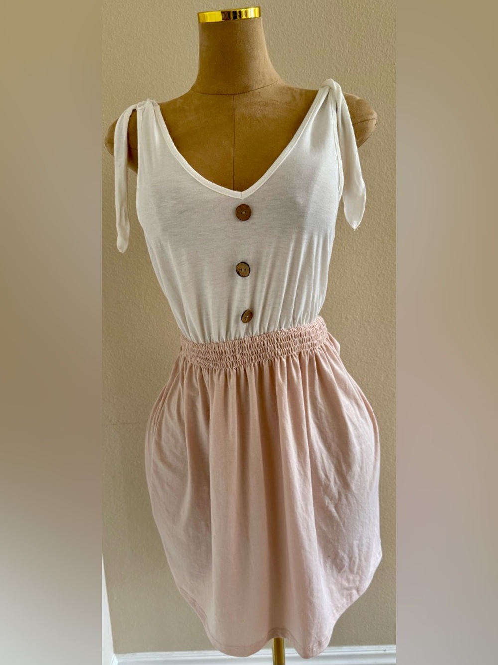Sleeveless Tie-Shoulder Button Bodice Dress in White and Blush